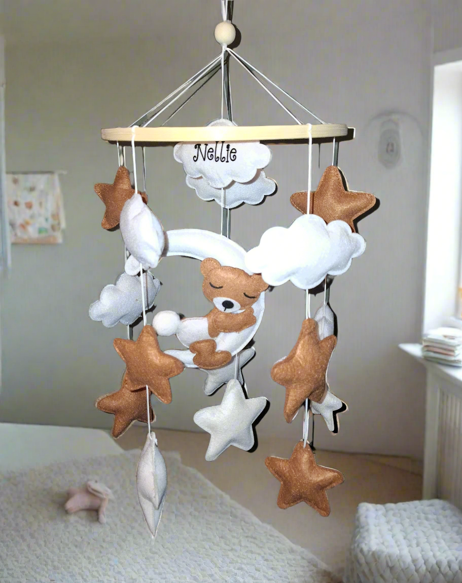 Handmade personalised baby mobile with teddy, moon, and stars – neutral nursery decor