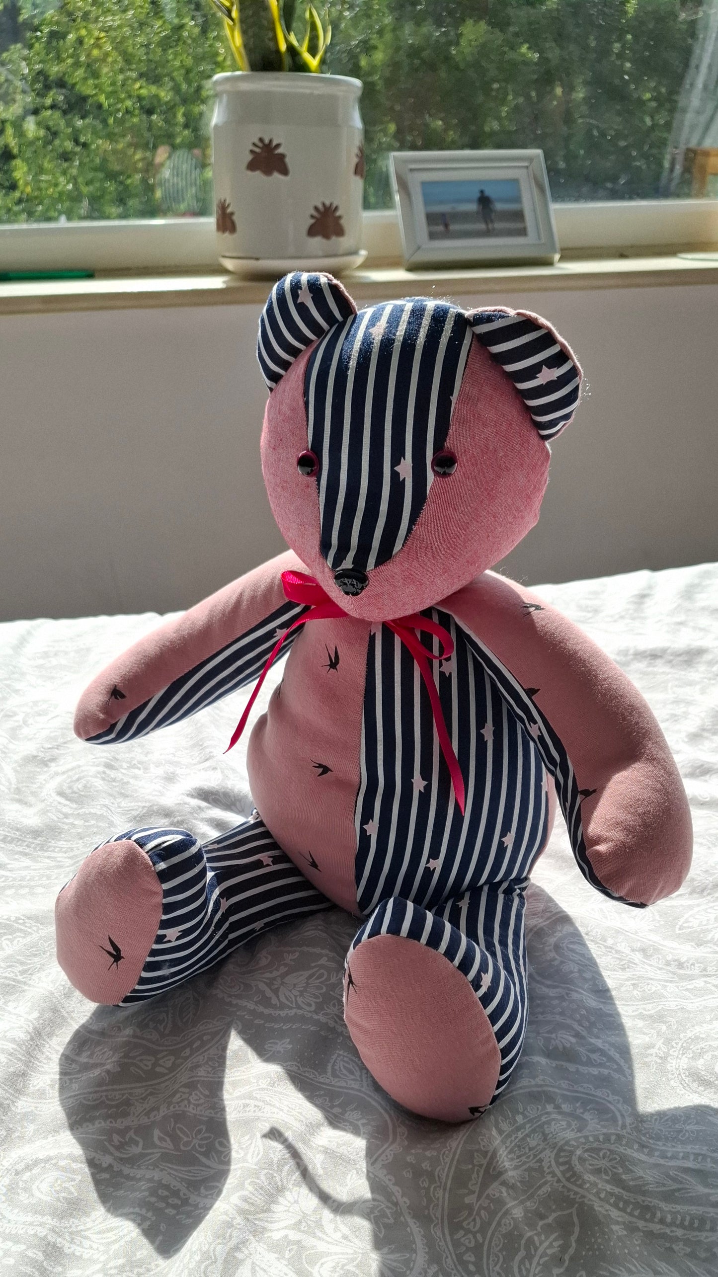 Custom handmade memory bear created from customer's clothing, sitting pose, soft fabric and sentimental design, made in the UK by Baby Bundles Ltd.
