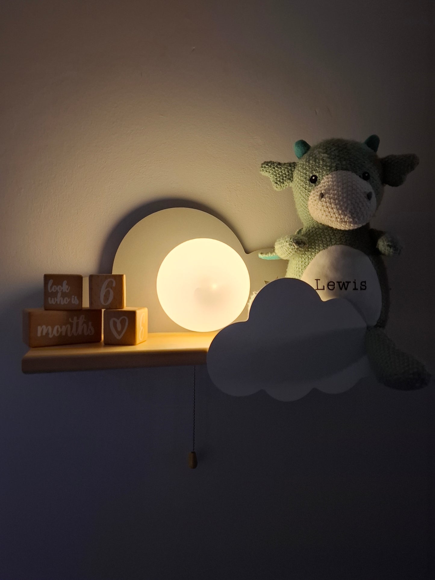 Grey cloud night light shelf for baby room - custom name decor with soft glow lighting