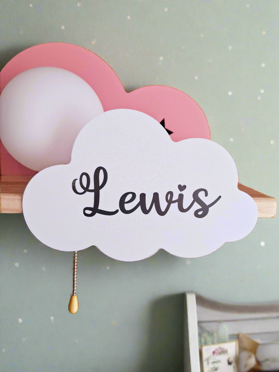 Pink personalised cloud wall light - luxury baby name shelf for girl's nursery