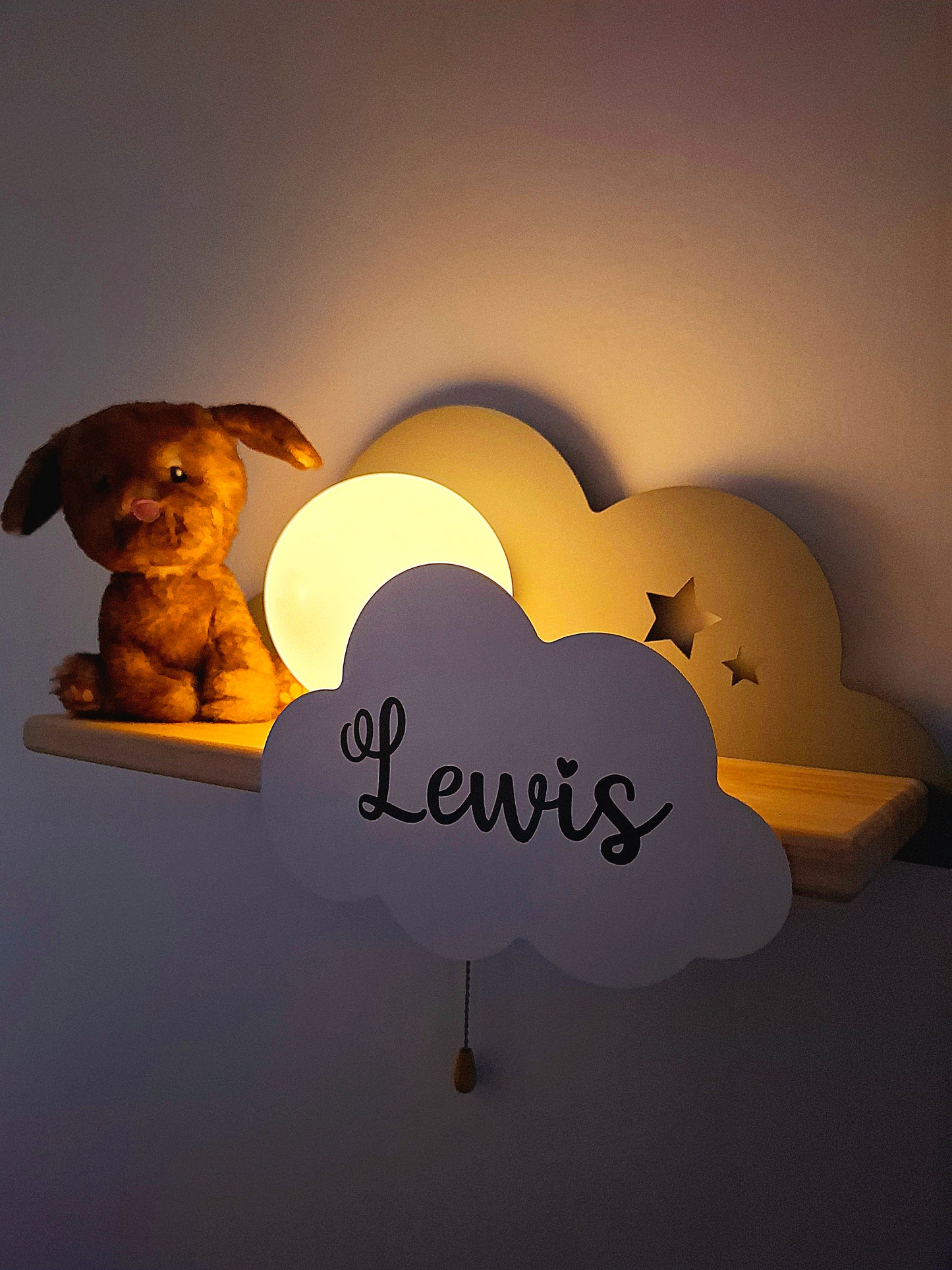 Grey baby name cloud shelf with light - elegant personalised nursery wall light or boys or neutrals