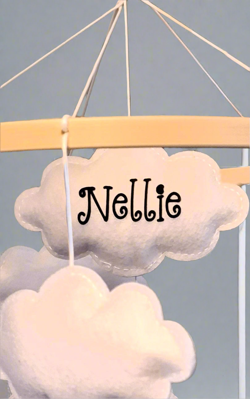 Custom baby name cloud tag on wooden mobile hoop – Nellie design