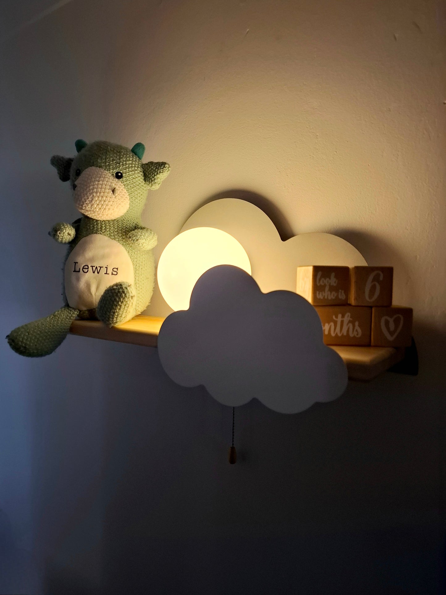 custom baby name wall ight by Baby Bundles Ltd - cloud shelf with warm Led light.