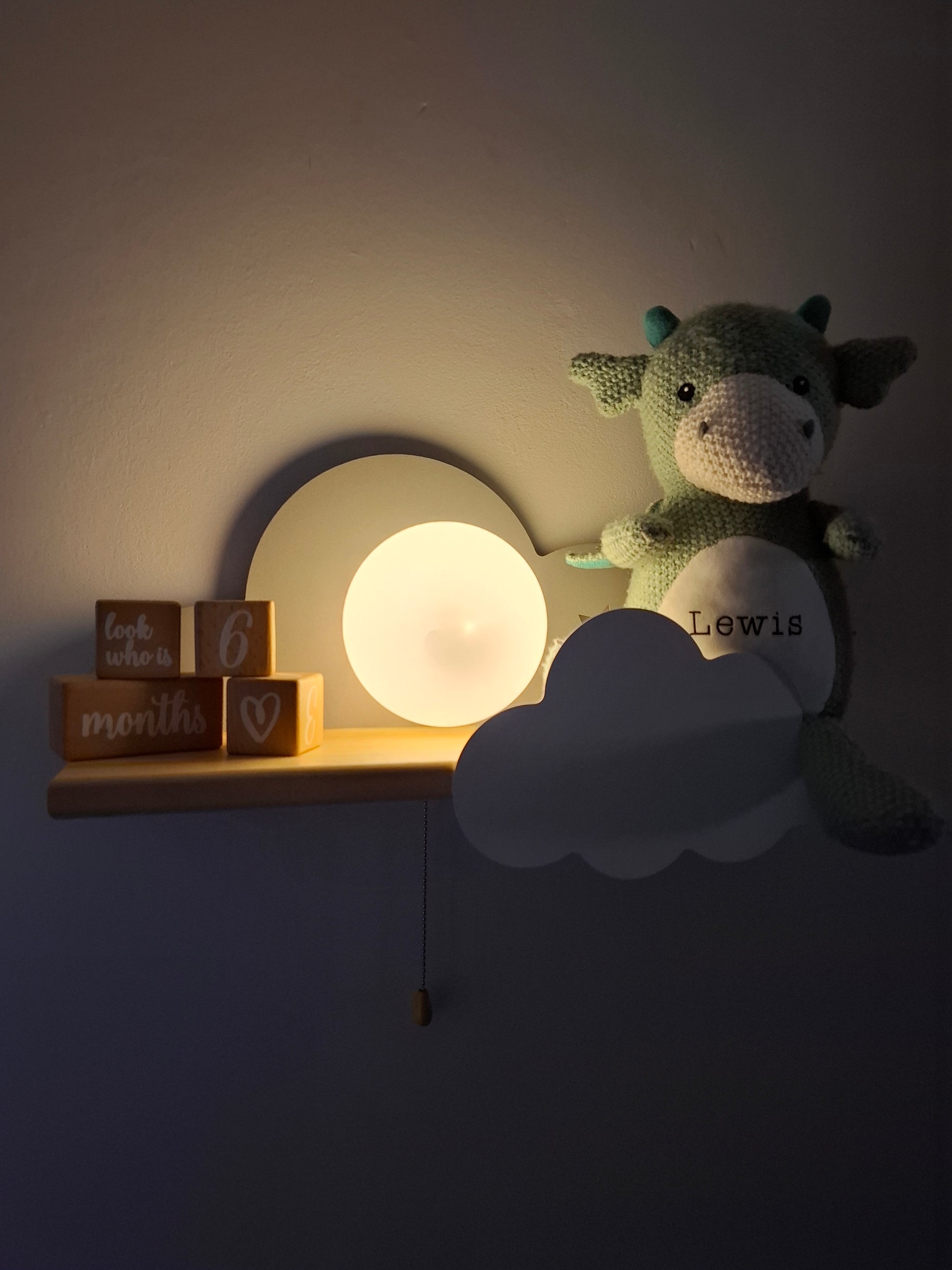 Grey cloud night light shelf for baby room - custom name decor with soft glow lighting