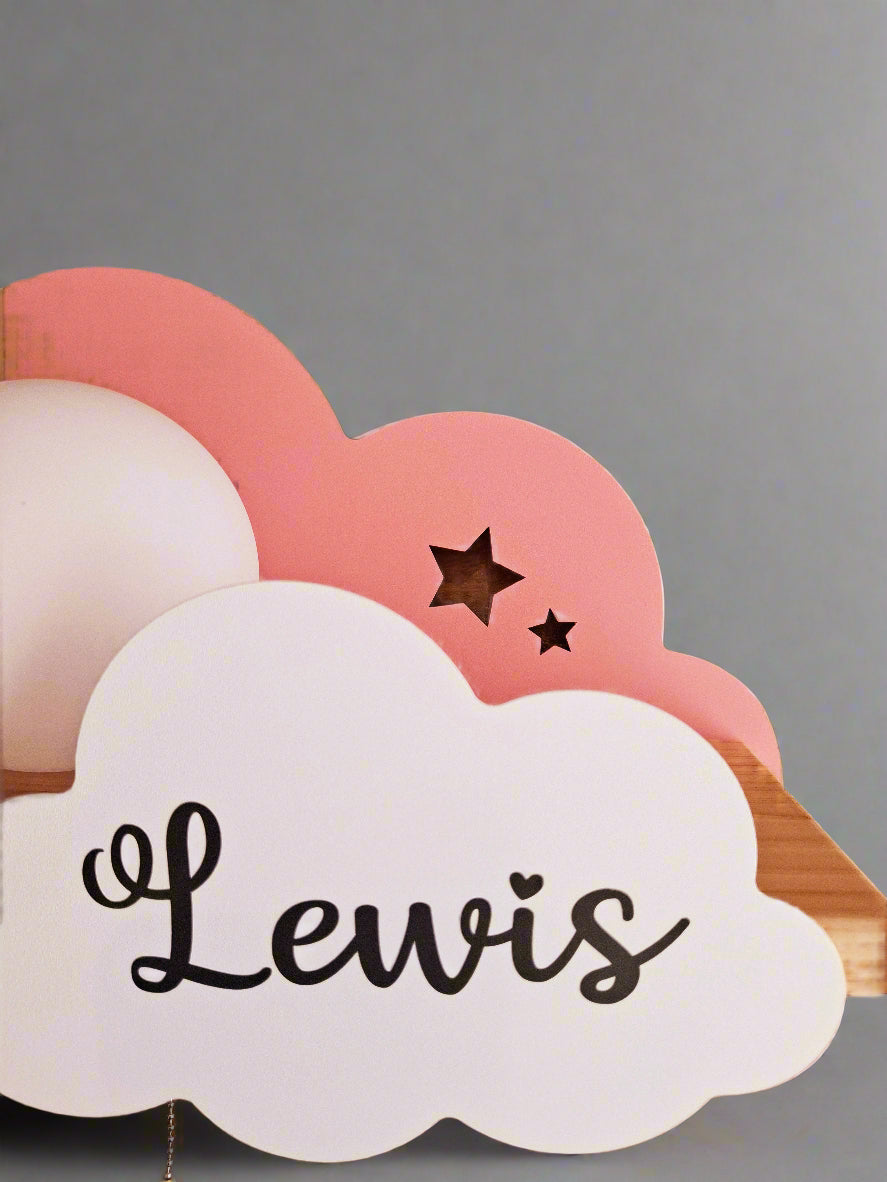 Modern Pink cloud wall lamp with personalised name - soft light nursery accessory